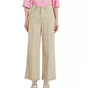 Marella Damen Pirenei Trouser Hose 6 hellbraun kariert weites Bein roher Saum hoher Bund - Bild 1 von 10