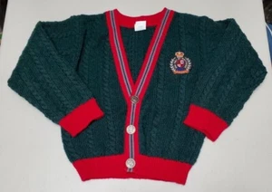 Vintage Kids Cardigan Varsity Style Green and Red with Crown Patch Sz 4 - Picture 1 of 6