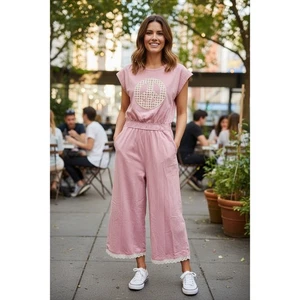 UMGEE Jumpsuit rosa Peace Symbol Cropped weites Bein Damen L - Bild 1 von 5