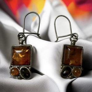 Vintage Honig Baltischer Bernstein Sterlingsilber Cluster Ohrhänger - Bild 1 von 4