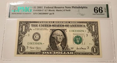 2001 FRB Philadelphia $1 Star / Replacement Bank Note Gem Unc 66 EPQ PMG (B) - Image 1 of 4