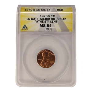 1970-S 1c Lincoln Cent Cud Major Die Break ANACS MS64 RD "Atheist" Cent 14B18 - Picture 1 of 3