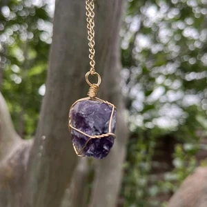 Gold Full Wire Wrapped Amethyst Pendant Necklace Chakra Crystal Stone Jewelry - Picture 1 of 6