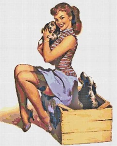 Puppy Love - Retro Pin-Up Girl 50's Counted Cross-Stitch Pattern Needlepoint - Picture 1 of 1
