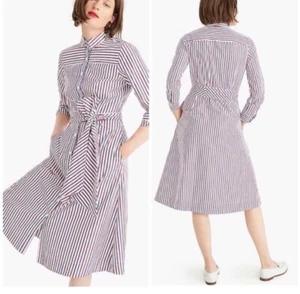 J Crew Womens Tie Waist Shirt Dress Red Blue White Striped Midi # H7791 Size 2 - Picture 1 of 14