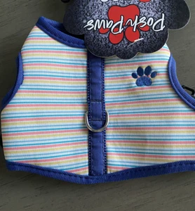 POSH PAWS Blue STRIPE-NAVY TRIM PAW PRINT HARNESS Puppy/Dog xsmall NWT - Picture 1 of 3