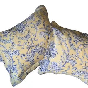 Pair of Standard Pillow Shams Yellow Blue Floral Jardin Vases Blue Gingham 30x24 - Picture 1 of 7