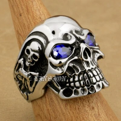 Purple CZ Eyes Stainless Steel Titan Skull Rings Biker Gothic Jewellery 3A401B — 第 1/4 张图片