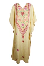 Womens Maxi Caftan Cotton Embellished Beige Floral Kimono Lounger Cover Up