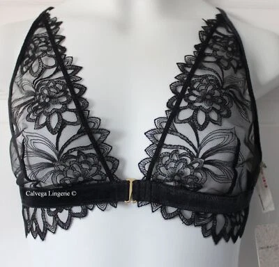 NWT FREE PEOPLE OB1340623 "Amelie" Embroidered Mesh Triangle Bralette, Black - Image 1 of 4