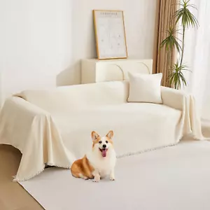 Boho Couch Cover Beige Sofa Covers with White Tassel Farmhouse Sofa Slipcover Si - Picture 1 of 9