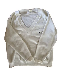 PUMA Vintage 80s/90s Jumper 40-100cm White Sweater 1980s 1990s Tennis Deep Vee - Picture 1 of 5