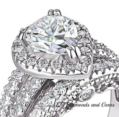 Diamond Wedding Set 14K White Gold Brilliant Pear Engagement Bridal Rings - Image 1 of 4