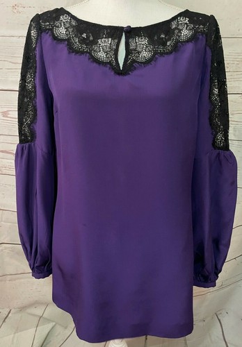 Top blusa Tory Burch in seta taglia 6 viola con pizzo nero maniche lunghe