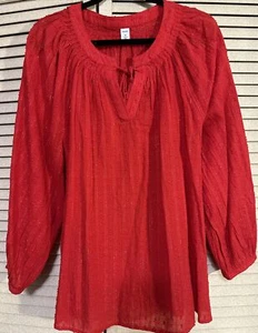 NWOT Old Navy Tunic Blouse XL Red Semi Sheer Gold Metallic Thread Peasant - Picture 1 of 9