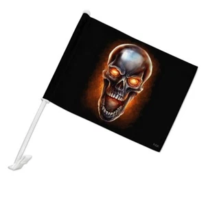 Chrome Metal Flaming Skull Car Truck Flag with Window Clip On Pole Holder - Bild 1 von 8