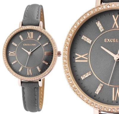 Damenuhr Armbanduhr Grau/Rosé-Rotgold glitzer Kristallbesatz 1900174 Excellanc - Bild 1 von 4