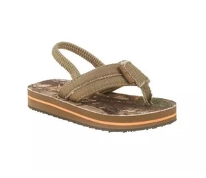 Boys Beach Canvas CAMO Flip Flops Tan M 7-8 Sandal Sling Back Real Tree Casual - Picture 1 of 6