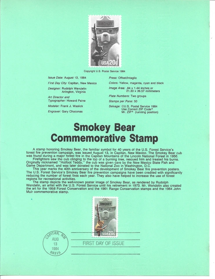 1984 FDI, SMOKEY BEAR,  SOUVENIR PAGE - Image 1 of 1