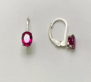 7 x 5 mm Oval Created Ruby Sterling Silver Leverback Drop Dangle Earrings - Picture 1 of 2