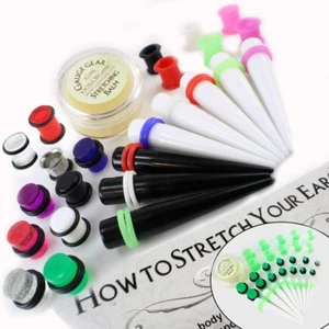 38 Pc Ear Taper Kit Expanders Stretchers+ Plug Set +Silicone Tunnels Gauges Balm - Picture 1 of 9