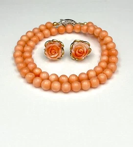 Vintage 14k Gold Carved Natural Salmon Coral Rose Earrings Bead Necklace Set - Picture 1 of 14