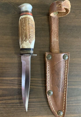 Vintage Fixed Blade Knife Horn Handle 4” Blade W/ Indian Leather Sheath - Image 1 of 4