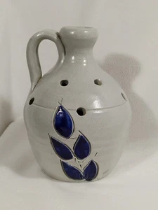 Williamsburg Pottery Blue Salt Glaze Small 5” Flower Frog Jug Cobalt Blue Leaf - Picture 1 of 6