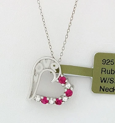 LAB CREATED RUBY & W/SAPPHIRE HEART PENDANT NECKLACE .925 Sterling Silver-NWT - Image 1 of 4