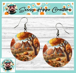 Earrings Round Silver Hook Backs Autumn Cottage Pumpkins Trees Leaves Fall - Picture 1 of 4