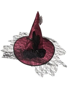 Nuevo Sombrero de Bruja Ala Ancha Plumas Calavera Velo Gorra Talla Única Disfraz Borgoña Negro Foto 1 de 4