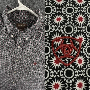 Ariat Men Geometric Button Up Shirt Western Long Sleeve Blue Red 2XL Cotton - Picture 1 of 13