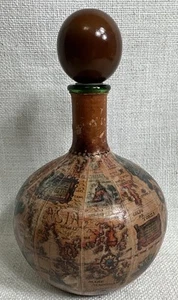 Vintage Decanter Made in Italy Leather Wrapped World Map Glass Bottle - Picture 1 of 8