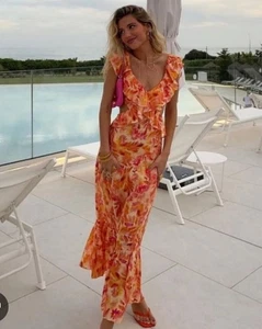 Zara blogger’s fave Trinny Orange Linen Tie Back Cut Out Ruffle Maxi Dress M - Picture 1 of 8
