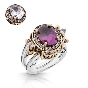 Turkish Reversible Oval Amethyst and White Topaz 925 Sterling Silver Ring All Sz - Picture 1 of 8