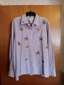 Quacker Factory Womens LG Butterfly Embroidered Linen Blend Shirt Purple Stripe - Picture 1 of 9
