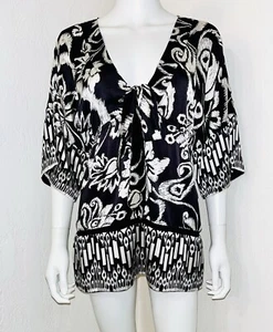 Hale Bob Monochrome Silk Stretch Plunge Kimono Slv Babydoll Tunic Top Size S EUC - Picture 1 of 16