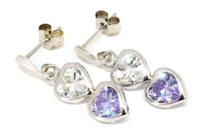 9ct White Gold CZ Drop Earrings double Heart Made in UK Gift Boxed - Picture 1 of 5