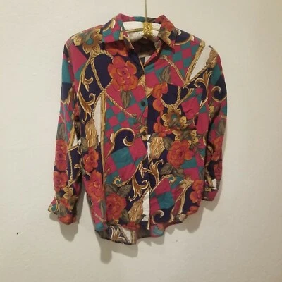 Vintage Giorgio Sant Angelo Womens Button Up Long Sleeve Shirt Small Mixed Print - Изображение 1 из 4