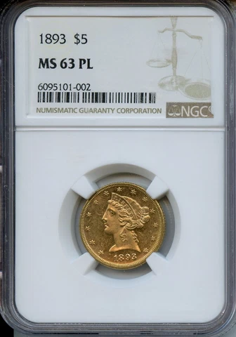 1893 $5 Gold NGC MS63PL Prooflike Cover