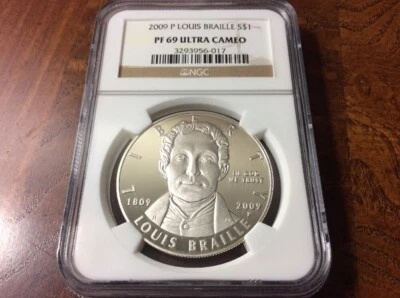 2009 Louis Braille Proof Silver Dollar PF69 NGC PF 69 Ultra Cameo UC - Image 1 of 2