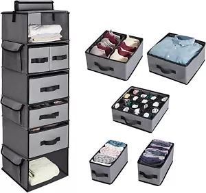 Hanging Closet Organizer Multi-Compartment Storage 6-Shelf 5 Drawers Side Pocket - Picture 1 of 7