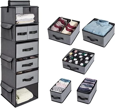 LEDIN Hanging Closet Organizer Multi-Compartment Storage 6-Shelf 5 Drawers Side Pocket