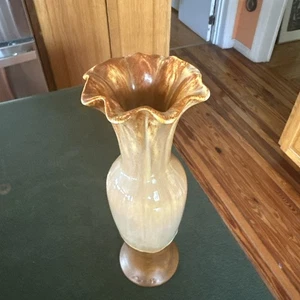 VASE Royal Haeger USA Art Pottery Brown Dip Tall Ruffle Top Vintage 11” Tall - Picture 1 of 9