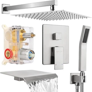Wall Mounted 12'' Rainfall Shower System with Waterfall Tub Spout Bathtub Faucet - Picture 1 of 24