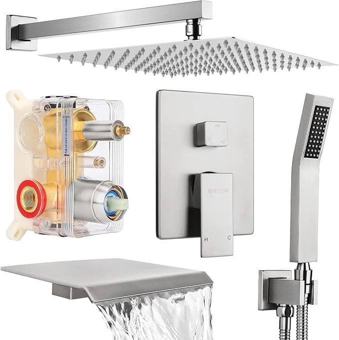 Wall Mounted 12'' Rainfall Shower System with Waterfall Tub Spout Bathtub Faucet - Image 1 of 4