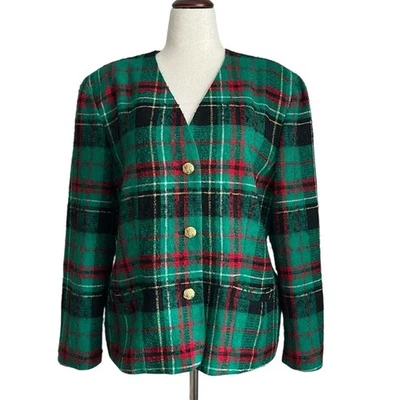 Vintage Pendleton Plaid Wool Blazer Size 18 Green Red Christmas Tartan Made USA - Image 1 of 4