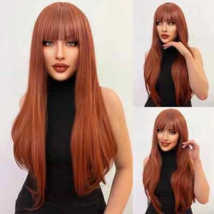 Copper red Cosplay wig with Bangs Long straight Synthetic hair Heat resistant - Picture 1 of 9