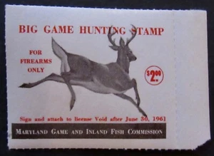1960 Maryland Big Game Hunting Stamp Firearms Only - RARE - ROULETTED - Mint NH - Picture 1 of 2