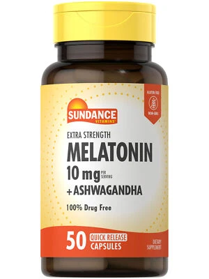 Melatonin 10mg with Ashwagandha | 50 Capsules | Extra Strength | by Sundance - Image 1 of 4